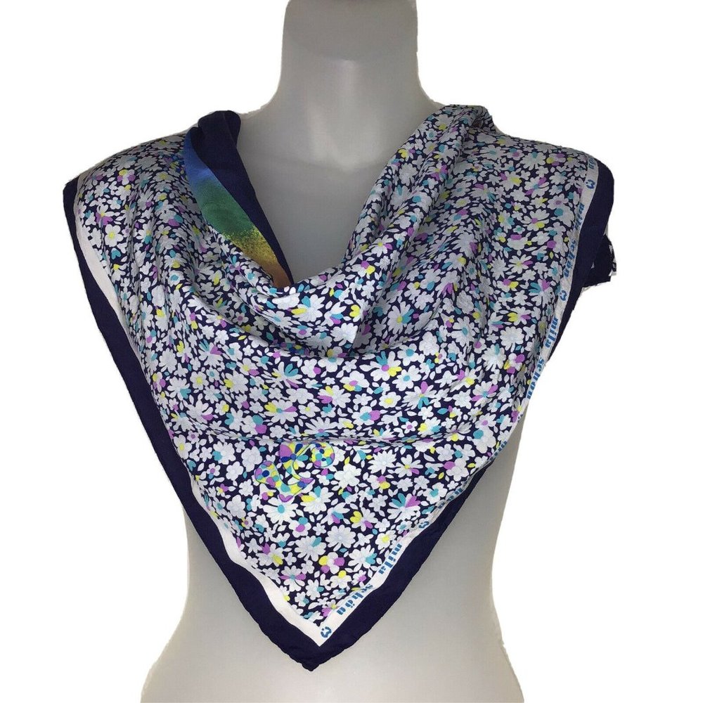 VTG MILA SCHON Women's Silk Scarf Number Floral Rainbow Scarf Sz 24"x23" Blue
